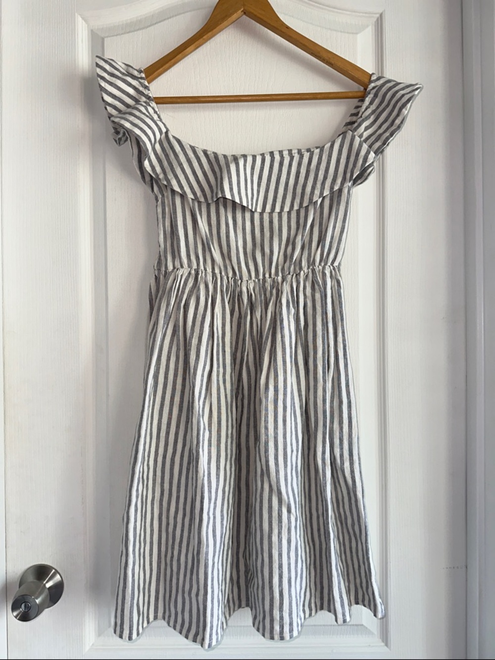 Olivaceous Gray and White Striped Off-Shoulder Dress
